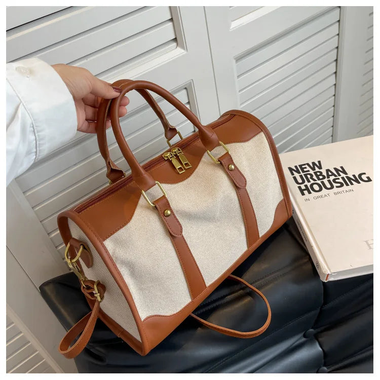 Women Travel Storage Handbag Vintage Fitness Luggage Bag Single Shoulder Crossbody Bag Large Nylon PU Leather Bag 2025 Handbags