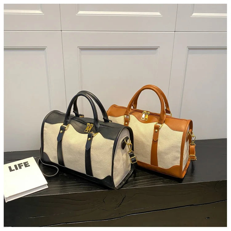 Women Travel Storage Handbag Vintage Fitness Luggage Bag Single Shoulder Crossbody Bag Large Nylon PU Leather Bag 2025 Handbags