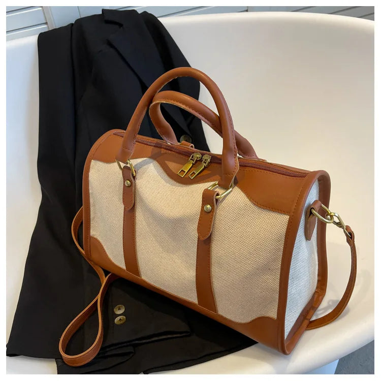 Women Travel Storage Handbag Vintage Fitness Luggage Bag Single Shoulder Crossbody Bag Large Nylon PU Leather Bag 2025 Handbags