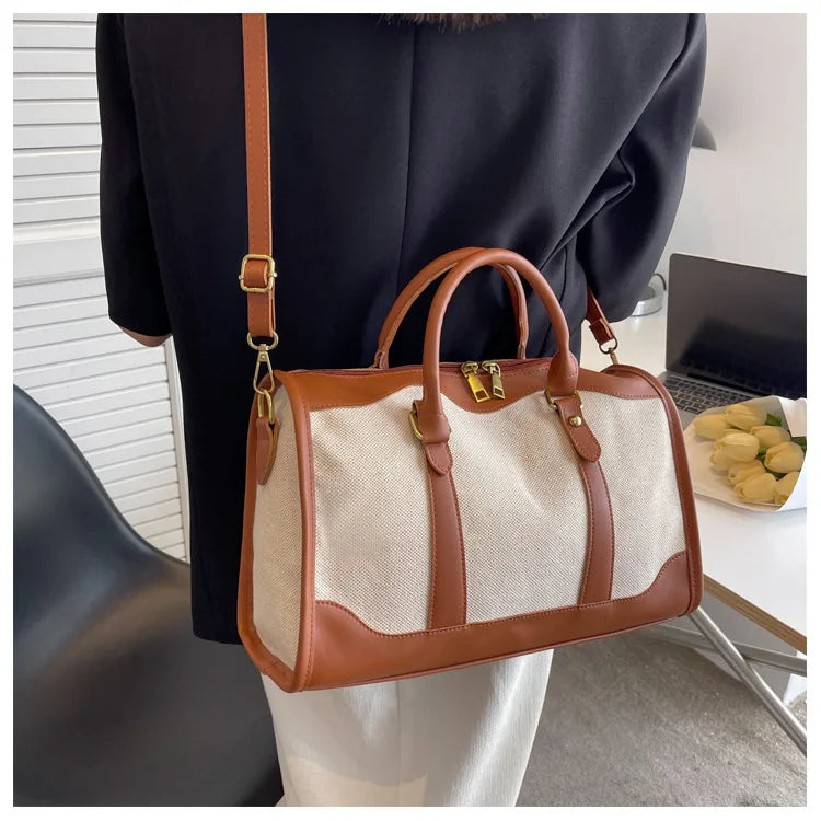 Women Travel Storage Handbag Vintage Fitness Luggage Bag Single Shoulder Crossbody Bag Large Nylon PU Leather Bag 2025 Handbags