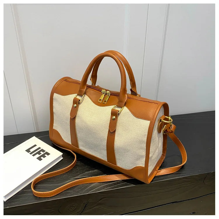 Women Travel Storage Handbag Vintage Fitness Luggage Bag Single Shoulder Crossbody Bag Large Nylon PU Leather Bag 2025 Handbags