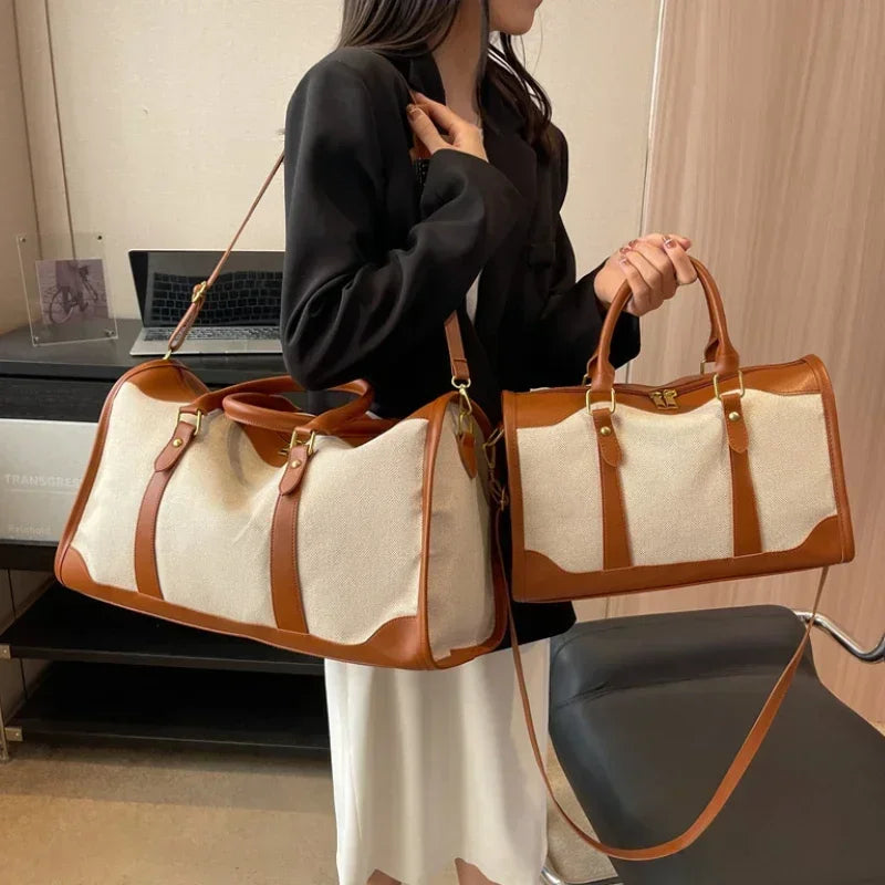 Women Travel Storage Handbag Vintage Fitness Luggage Bag Single Shoulder Crossbody Bag Large Nylon PU Leather Bag 2025 Handbags