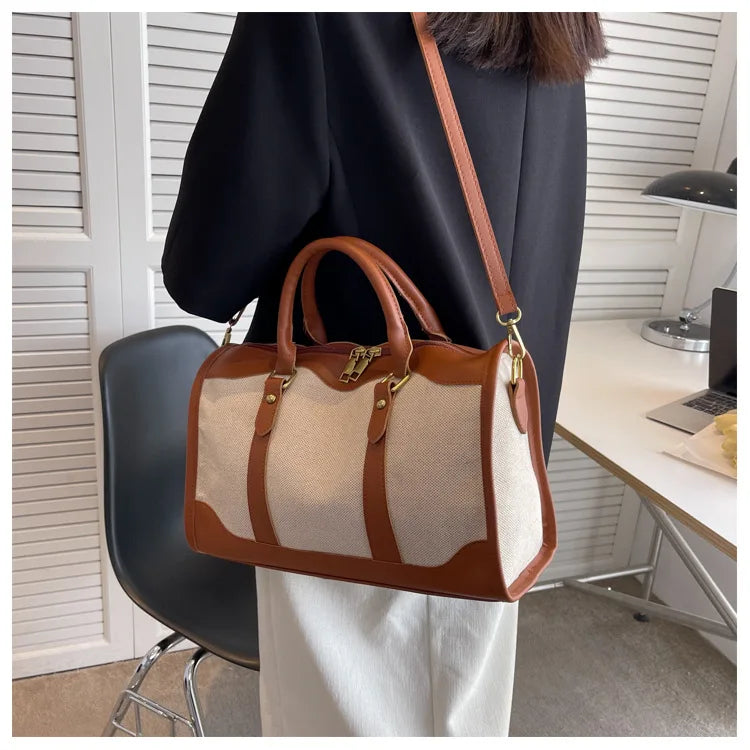 Women Travel Storage Handbag Vintage Fitness Luggage Bag Single Shoulder Crossbody Bag Large Nylon PU Leather Bag 2025 Handbags