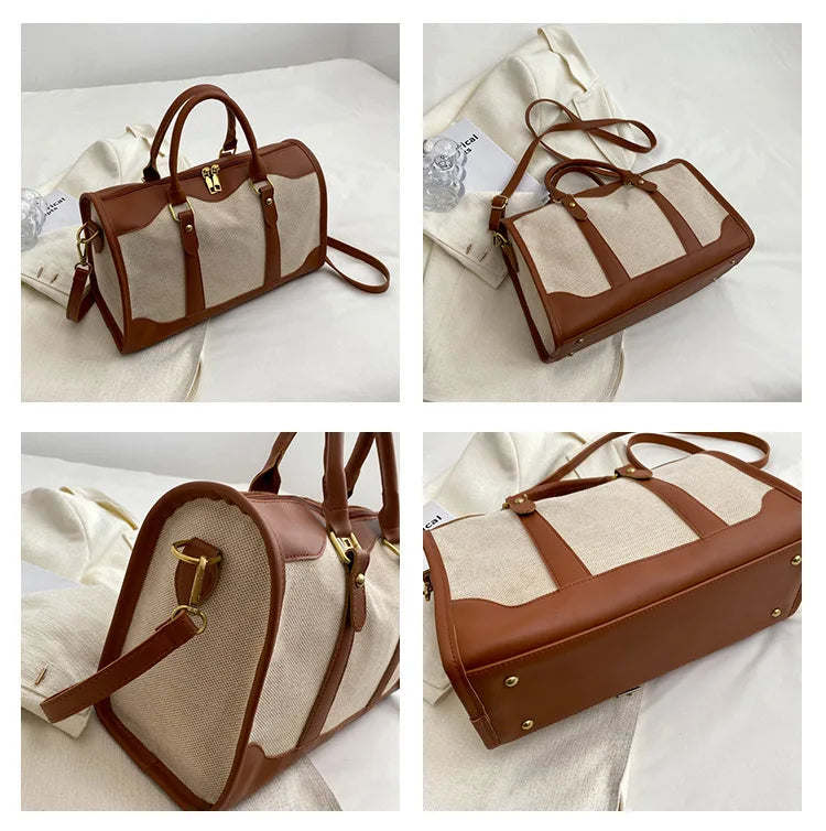 Women Travel Storage Handbag Vintage Fitness Luggage Bag Single Shoulder Crossbody Bag Large Nylon PU Leather Bag 2025 Handbags